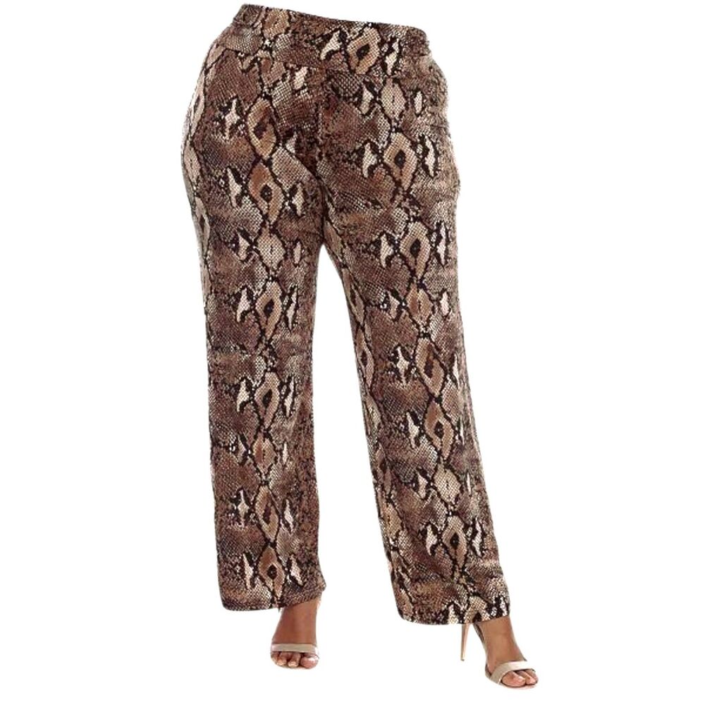 NEW White Mark Comfortable Palazzo Pants Stretch XL Brown Snake Animal Print
